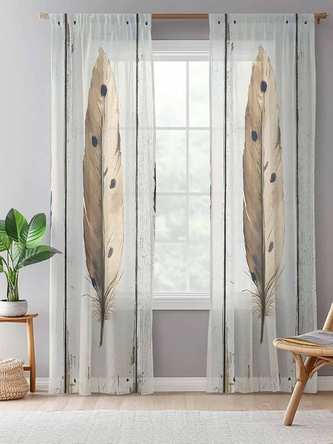 Sheer Curtains 108 Inches Long, Farmhouse Feather Semi Sheer Curtains Light - Image 5