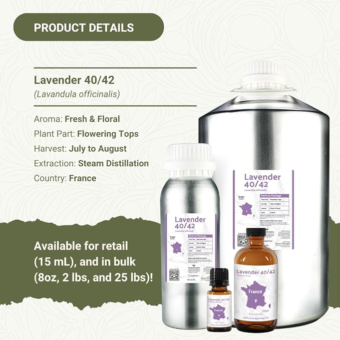 Lavender 40/42 Essential Oil Direct from France - Essential Oil for Candle Making and Soaps - Pure Lavender 40/42 Oil for Aromatherapy, Skincare, Haircare, Perfumes (15 mL)