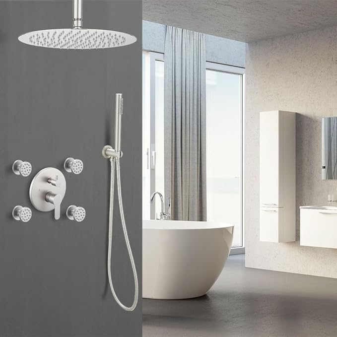 Brushed Nickel Round Shower Faucet Set with Body Jets 12 Inch Shower Head Handheld Shower Combo Set High Pressure Ceiling Mount with Rough-in Valve