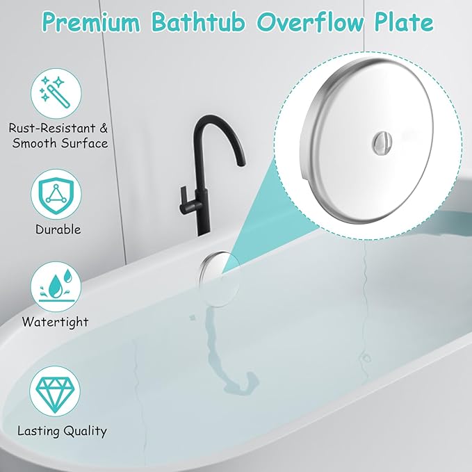 Single Hole Bathtub Drain Cover 1/8", Universal Bathtub Overflow Drain Cover with One Matching Screw for Waste and Over Flow, Tub Overflow Cover Fits Most Standard Bath Tub Drains (2PCS) (Silver)