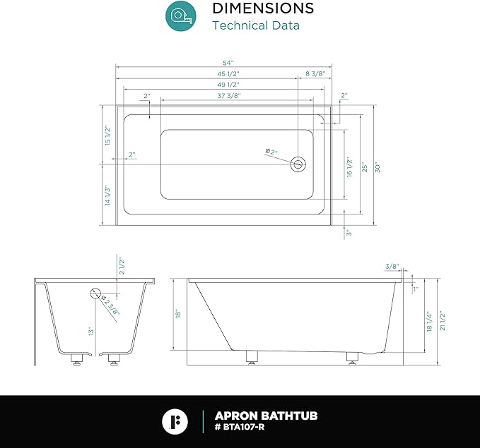 Fine Fixtures Acrylic, Fiberglass Alcove Soaking Bathtub with Integral Apron Front in Glossy White - Right Hand Drain, 48" x 32"