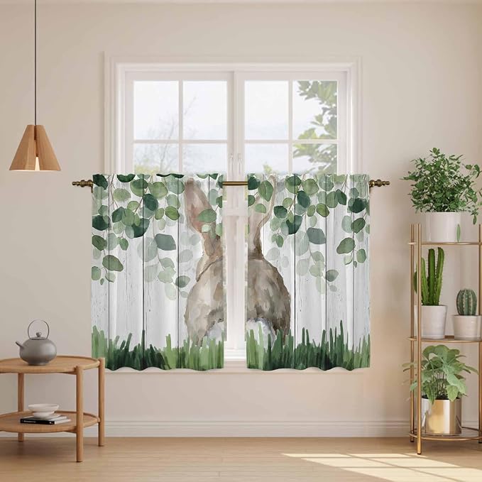 Easter Tier Curtains, Country Rabbit Botanical Leaves Wooden Grain Light - Image 3