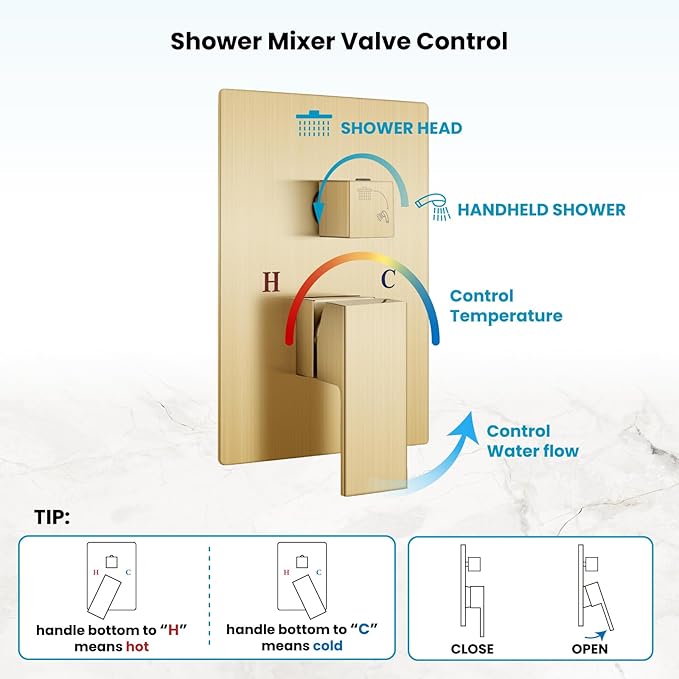 gotonovo Rainfall Bathroom Shower System Rain Shower Head and Handle Set Wall Mounted Shower Complete Combo Solid Brass Pressure Balancing Shower Mixer Valve 12 Inch Brushed Gold