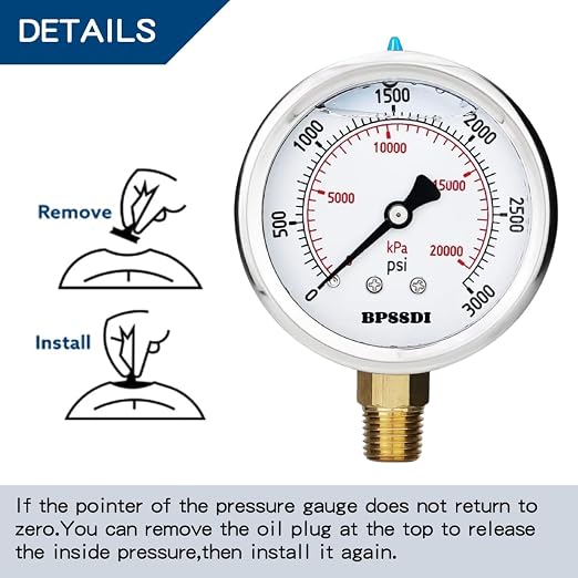 0-3000 Psi Glycerin Liquid Filled Hydraulic High Pressure Gauge, 2.5" Dial Size - Image 4
