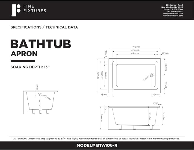 Fine Fixtures Acrylic, Fiberglass Alcove Soaking Bathtub with Integral Apron Front in Glossy Black - Right Hand Drain, 48" x 32"