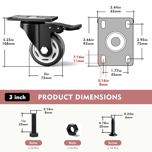 3 Inch Heavy Duty Caster Wheels, Industrial Casters Set of 4 Load 1200lbs - Image 2
