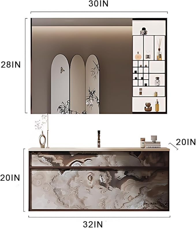 32IN Modern Bathroom Vanity with Sink - Bathroom Vanity with Drawer Organizer, LED Mirror Lights & Defogging Function | Wall - Mounted Vanity with Silver Sink Faucet