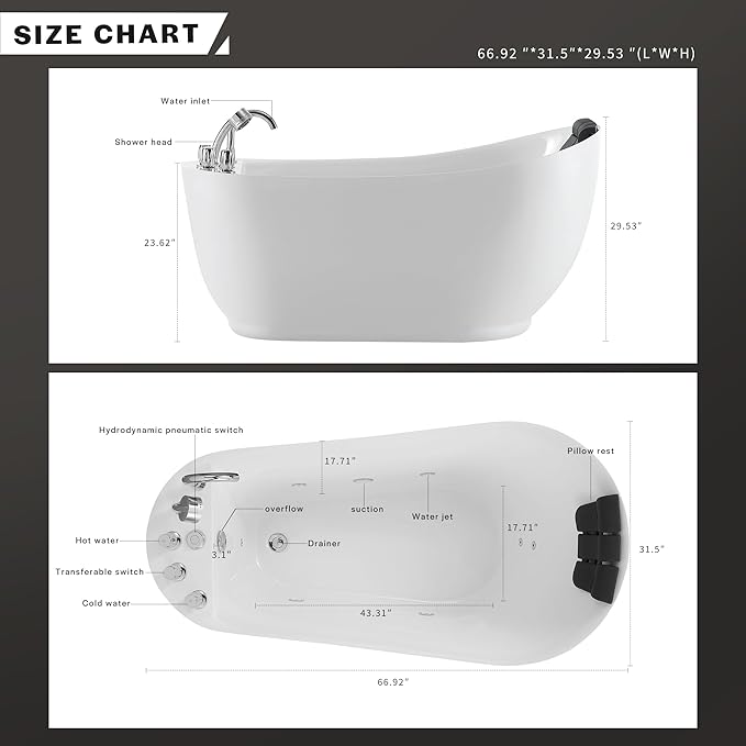 Empava 67 inch Acrylic Freestanding Whirlpool Bathtub with Hydromassage Gracefully Oval Shaped Adjustable Water Jets Soaking SPA, Single-Ended Massage Bathtubs with Black Pillow, ETL Certified, White