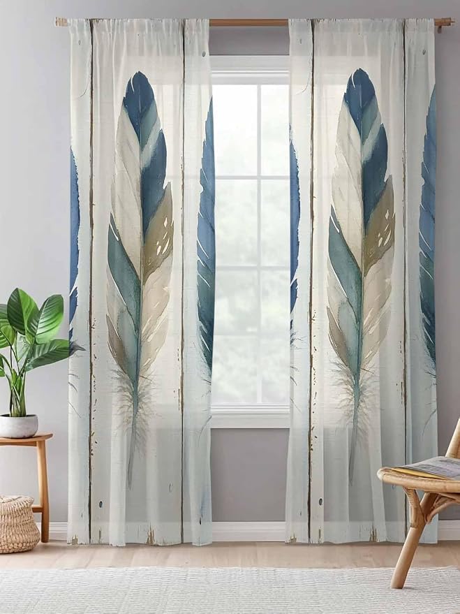 Sheer Curtains 84 Inches Long, Boho Blue Feathers Semi Sheer Curtains Light - Image 5