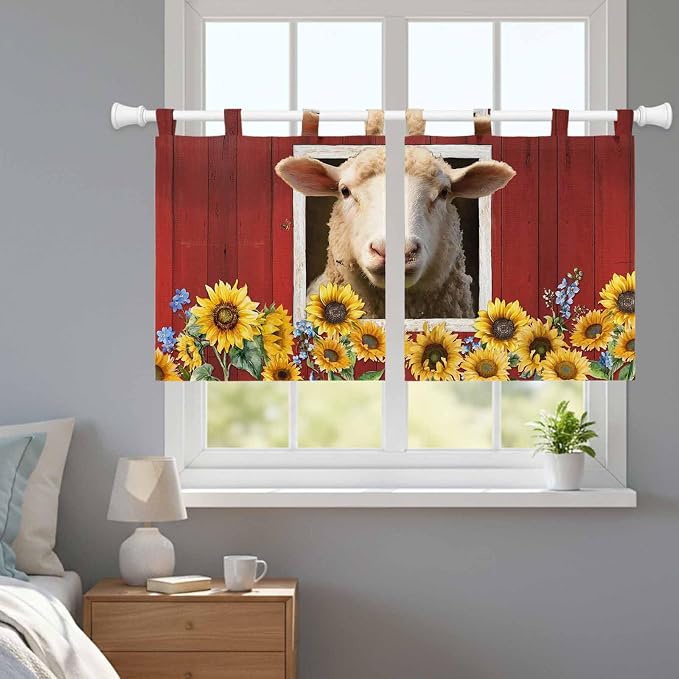 Sheep Sunflower Kitchen Curtains 36 Inch Length, Small Window Curtains Tab Top - Image 9