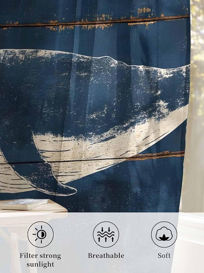 Sheer Curtains 45 Inch Length, Summer Whale Blue Semi Sheer Curtains Light - Image 6