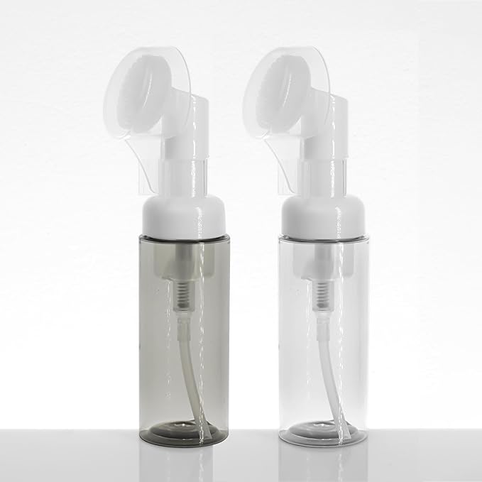 6PCS Foam Bottle with Brush, Empty Foaming Pump Dispenser Small Face Cleanser Empty Bottles with Brush Head Pressure Type for Facial Wash and Gel Cleansing Milk Beater 2oz