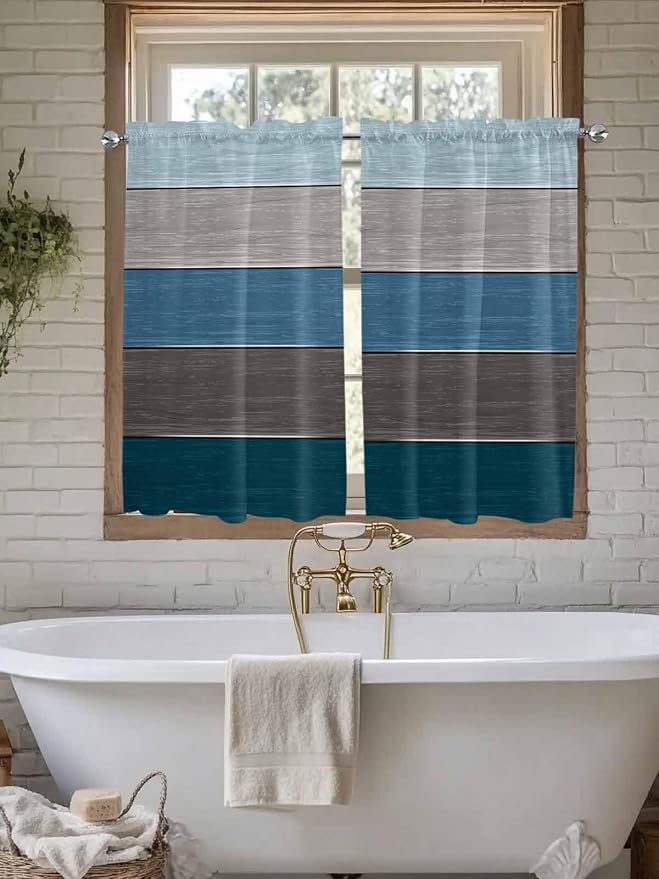 Retro Farm Blue Gray Wood Grain Window Valance Curtains, Rustic Wooden Plank - Image 6