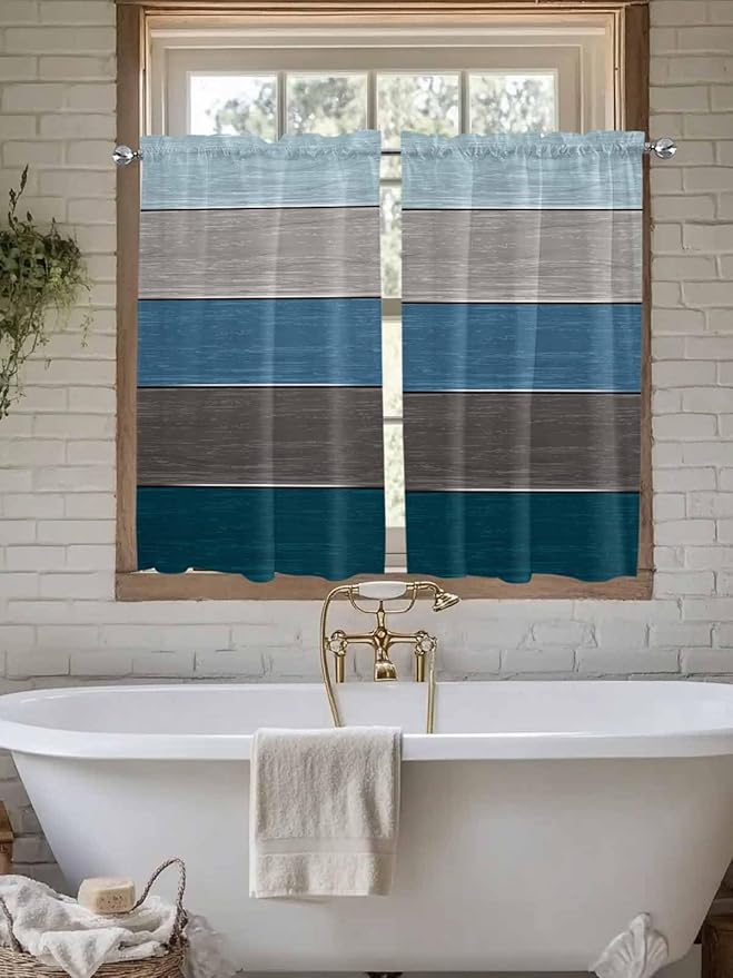 Retro Farm Blue Gray Wood Grain Window Valance Curtains, Rustic Wooden Plank - Image 5