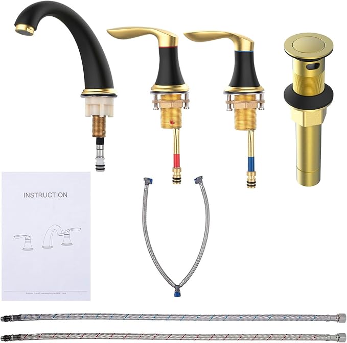 Bathroom Sink Faucet, Faucet for Bathroom Sink, Widespread Black and Gold Bathroom Faucet 3 Hole with Stainless Steel Pop Up Drain and cUPC Lead-Free Hose - (Black and Gold)