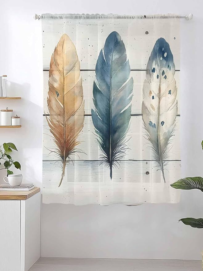 Sheer Curtains 72 Inches Long, Boho Blue Feathers Semi Sheer Curtains Light - Image 2