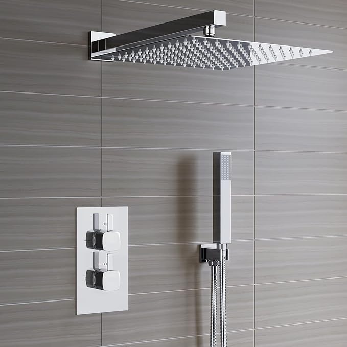 Voolan 16" Square Shower Arm with Flange and Teflon Tape, Extension Shower Head Arm for Bathroom Fixed Shower Head, Solid Stainless Steel, Wall Mounted (Chrome)
