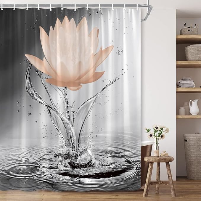 Lotus Shower Curtain Black White Grey Orange Flower Elegant Blooming Floral with Dew Spring Flower Reflection on Water Modern Romantic Polyester Fabric Bathroom Decor 70×84 Inch with Hook