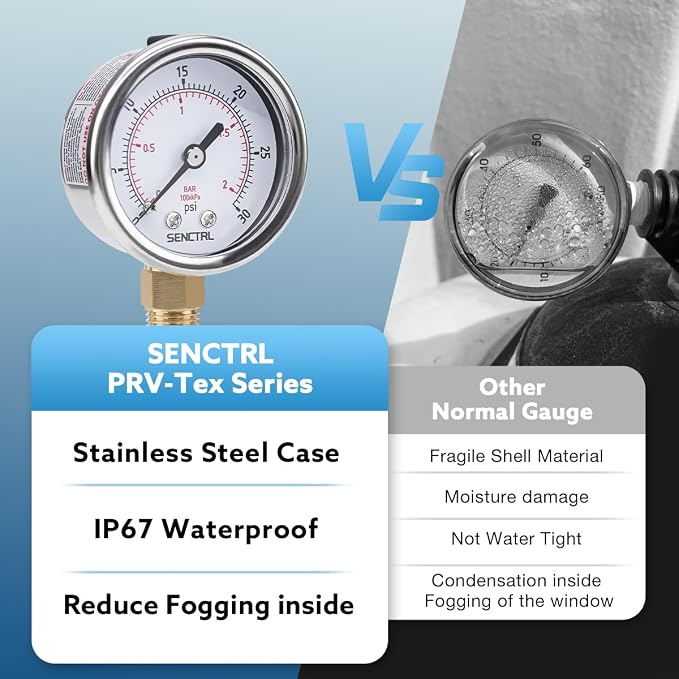 SENCTRL 0-30 Psi Low Pressure Gauge, 1/4 Npt Lower Mount, Waterproof, Stainless - Image 3