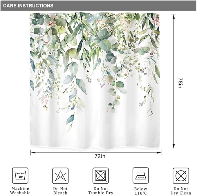 Riyidecor Green Eucalyptus Leaves Shower Curtain for Bathroom Decor 72Wx78H Plants Watercolor Floral Rustic Botanical Spring Nature Farm Art Printed Fabric Polyester Waterproof 12 Pack Plastic