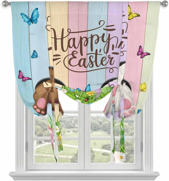 Tie Up Curtains, Happy Easter Rabbit Butt Egg on Daisy Leaf Adjustable Rod - Image 2