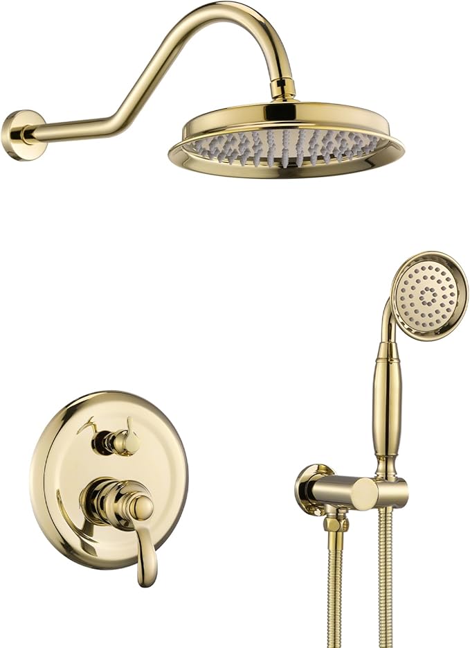 Antique Shower Head Faucet Set,Bright Gold Vintage Wall Mount Shower Faucets Combo With Handheld Spray,Bathroom Rainfall Shower System Trim Kit With Brass Pressure Balance Valve & 9''Shower Head