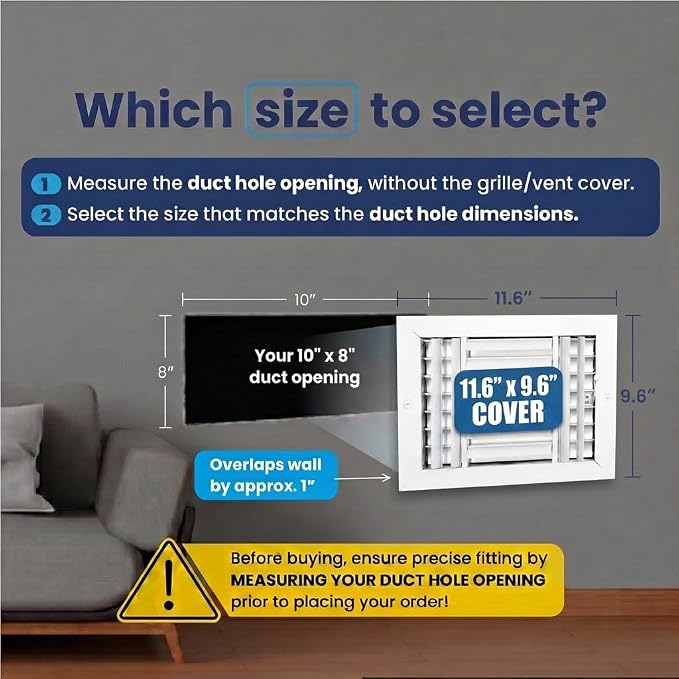 10x8 Aluminum 3-Way Air Vent Cover Wall or Ceiling Register – Quiet HVAC Vent - Image 2