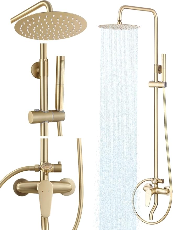 Outdoor Shower Kit Gold, Exposed Shower System with Tub Spout and 10'' Rainfall Shower Head, 3 Functions Handle Shower Faucet Sets with Dial Thermometer Brass Valve, Brushed Gold Finsh