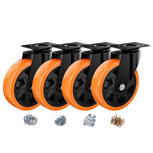 5" Swivel Plate Casters Set of 4 Heavy Duty 1400 lbs | Orange PU, Non-Marking by ASHGOOB