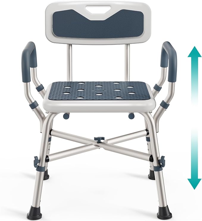 PELEGON Shower Chair for Elderly and Disabled (450lb) with Padded Armrests and Back, Adjustable Height Shower Seat, Heavy Duty Shower Chairs for Inside Shower, Handicap - Blue