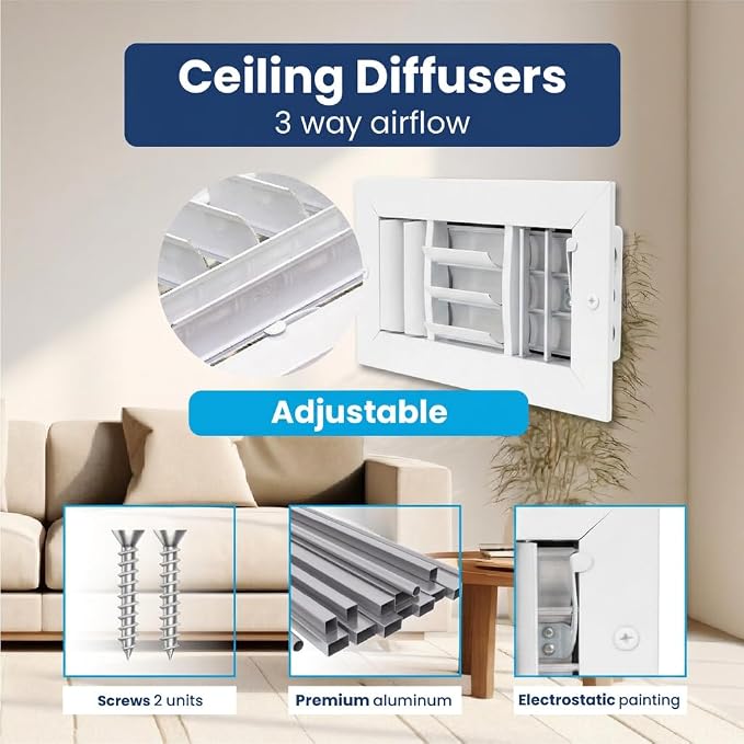 Aluminum 8x4 Inch Duct Opening 3-Way HVAC Vent Cover Wall or Ceiling Register - Image 4