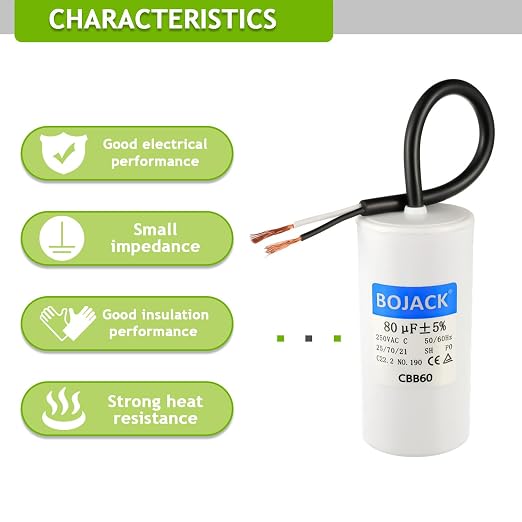 BOJACK Run Capacitor 80 uF MFD 250V AC 80 MFD CBB60 2 Wire 50/60Hz Cylinder - Image 5