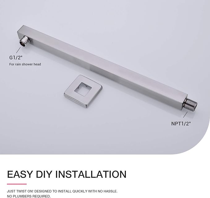 Square Shower Arm with Flange Heavy Duty Stainless Steel Rainfall Shower Head Extension Pipe, Bathroom Wall Mounted 16 Inch Extender Arm, Brushed Nickel