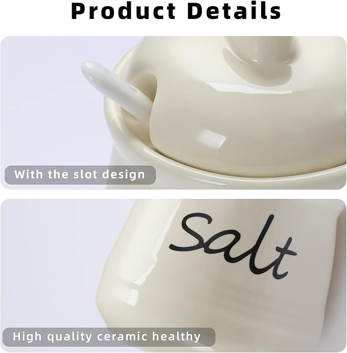 ONTUBE Ceramic Salt Bowl with Lid and Spoon 12oz (Beige)