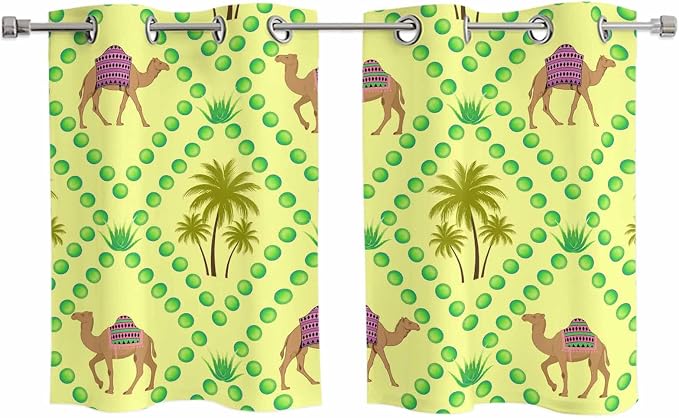 2 Panel Kitchen Cafe Curtains, Desert Sand Camels Sunlight Filtering Nature Air by Hokiten