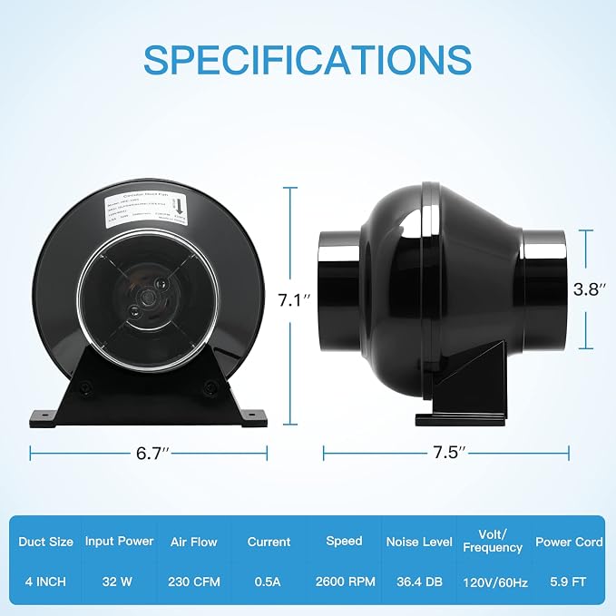 iPower 4 Inch 230 CFM Inline Duct Ventilation Fan Quiet Vent Blower - Image 3