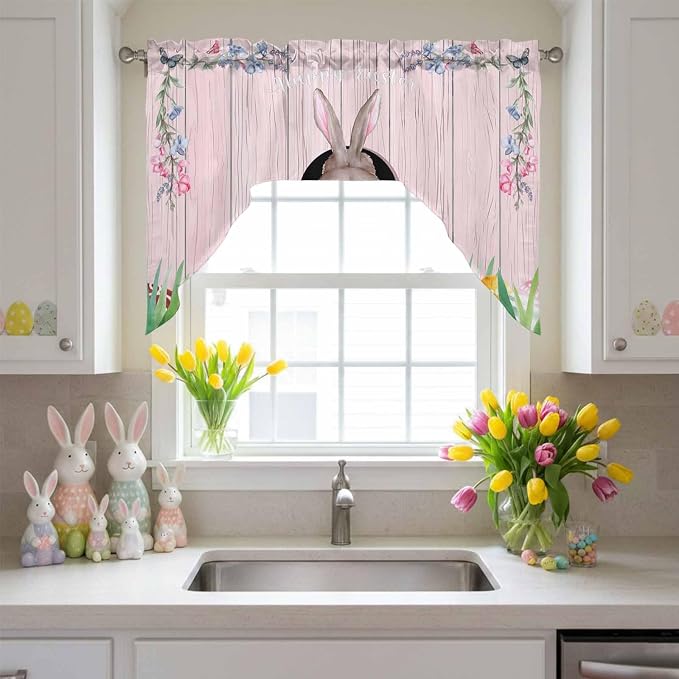 Swag Valance Curtains, Easter Cute Rabbit and Colorful Eggs Rod Pocket Valances by Chees+D+Zone