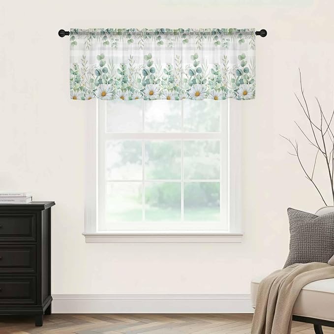 Eucalyptus Leaves Daisy Sheer Valance Curtains, Summer Farmhouses Gray Plaid - Image 5