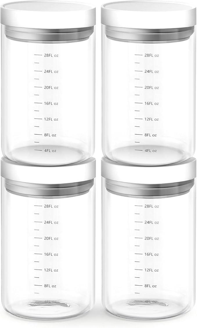 Danbark Set of 4 30oz Airtight Glass Storage Canisters with Lids - Pantry Organizers and Storage Glass for Kitchen - for Pantry, Flour, Sugar, Coffee, Tea, Pasta, Rice, and Snacks - White
