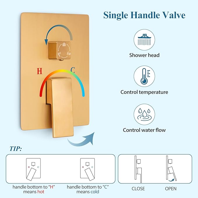 10 inch Square Shower Head and Handheld Set, Gasecoet Shower System with Tub Spout Wall Mounted Shower Faucet for Bathroom - Brushed Gold (With Shower Valve)