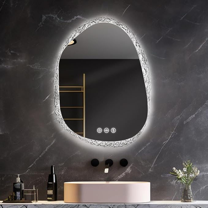 LUVODI Lighted LED Bathroom Mirror: 32”x24”Irregular Stone Pattern Frosted Wall by LUVODI