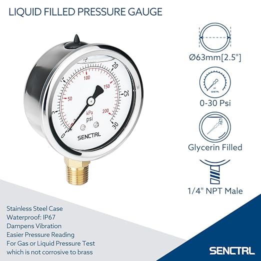 SENCTRL 0-30 PSI Glycerin Liquid Filled Low Pressure Gauge, 2.5" Dial Size - Image 2