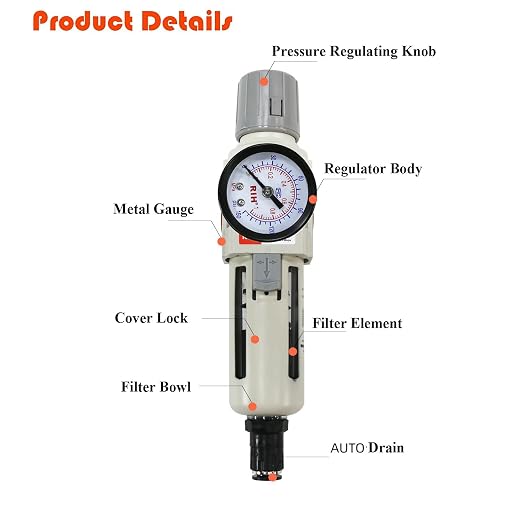RIH 3/8"NPT Auto Drain Air Filter Pressure Regulator Combo Piggyback, 5 Micron - Image 6