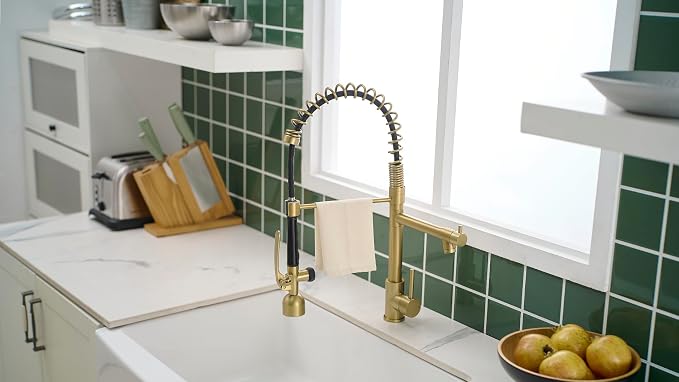 Fapully Single Handle High Arc Brushed Gold Pull Down Kitchen Faucet LED - Image 7
