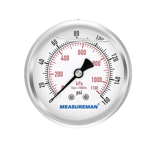 MEASUREMAN 2-1/2" Dial Size, Glycerin Filled Pressure Gauge, 0-160psi/kpa by MEASUREMAN