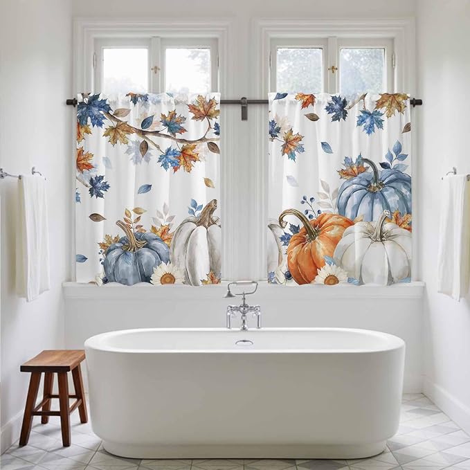 Navy Blue Pumpkin Fall Kitchen Curtains 54 Inch Long 2 Panel Set, Rod Pocket - Image 5