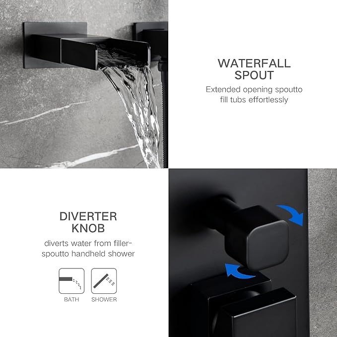 TapLong Matte Black Wall Mount Tub Filler Faucet Set with Hand Held Shower, Modern Bathtub Faucet with Waterfall Tub Spout Solid Brass Single Handle Shower Faucet Set with High Flow Rough in Valve
