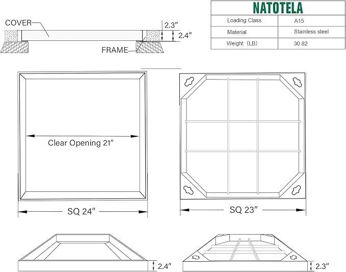 24x24x2.4 inch All Stainless Steel Manhole Cover and Frame, Recessed Square - Image 5
