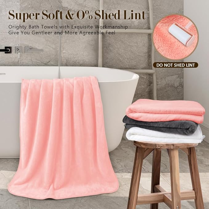 Orighty Microfiber Bath Towels Pack of 2(27'' x 54'') - Soft Feel, Highly Absorbent, Quick Drying for Body, Sport, Yoga, SPA, Fitness - Pink
