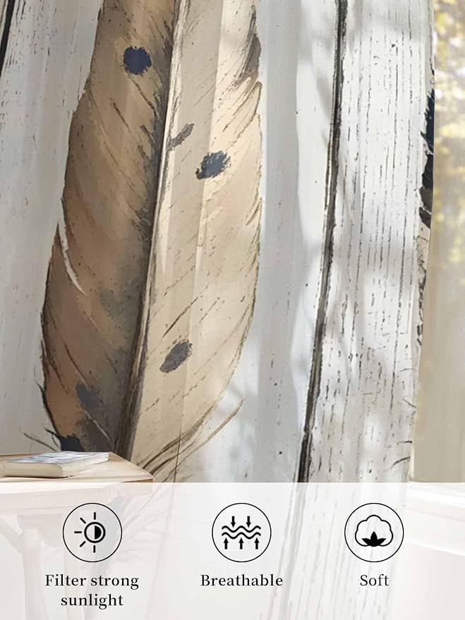 Sheer Curtains 96 Inches Long, Farmhouse Feather Semi Sheer Curtains Light - Image 6